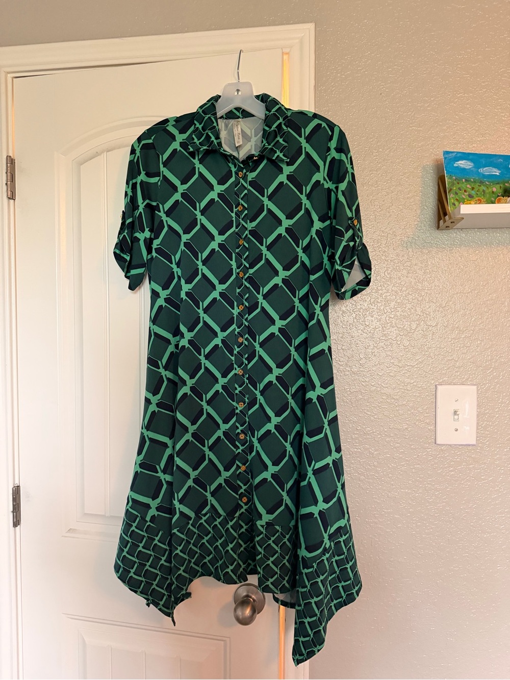 PerSeption Concept Green Geometric High-Low Shirt Dress